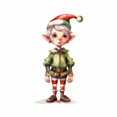 Christmas elf watercolor clipart, full body, no background