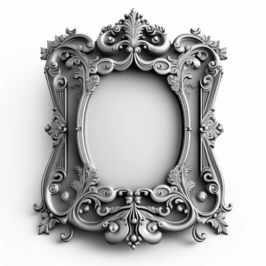 A single vintage silver frame clipart with a glossy, reflective finish and a rounded rectangular shape. The intricate details of the frame are highlighted by the shine of the silver, creating a modern and sleek look. The background is a soft gray with a subtle texture, adding depth and dimension to the design. [1], [2], [3], [4], photography, Close-up macro photography with a wide-angle lens, creating a shallow depth of field and emphasizing the intricate details of the frame. Shot on a Canon EO