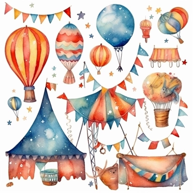 Watercolor carnival,Hand painted clip art with party elements isolated on white background. Hot air balloon, bunting, stars.