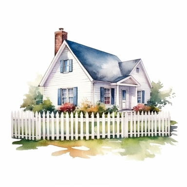watercolor style, front view of a beautiful small house in white color, typical american dream style: white color, grass in front of the house, small open fence, mailbox. Clipart, isolated on white background, 4K