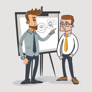 create a clipart for a presentation showing employee being mentored by his manager showing something on a whiteboard. Both are wearing a casual outfits.