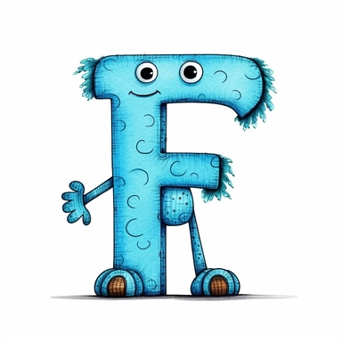 clipart style blue letter F with black line, with arms, legs and friendly cute face for children, isolated, white background,