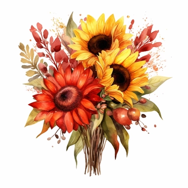 a watercolor of a sunflower bouquet, cherry academy style, cherry red nuances, vector free clipart illustration, in the style of unreal engine 5, 32k uhd, detailed features, white background