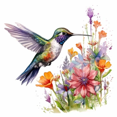 An intricately detailed scene of a hummingbird sipping nectar from a wildflower in a blooming meadow clipart, white background, watercolor drawing