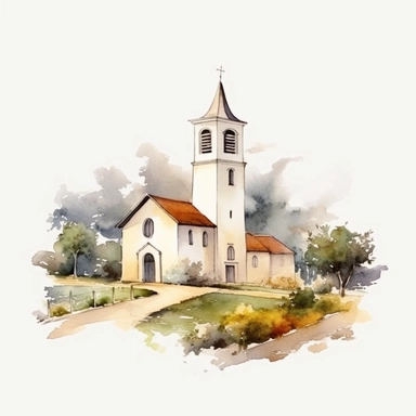 watercolor style, countryside church clipart, realistic, isolated on white background, 4K