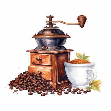 A vintage coffee grinder with a pile of freshly ground coffee beans next to it. ( Watercolor clipart, white background, no text. )