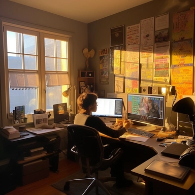 Imagine a boy sitting in his video editing studio, fully immersed in his work. The studio is well-lit with natural light streaming in from large windows. The walls are adorned with posters of famous films and inspirational quotes related to video editing. The room is neatly organized, with a clutter-free desk and shelves filled with editing software manuals and equipment. The boy is seated at his computer, a high-performance editing workstation. The monitor displays the editing software interfac
