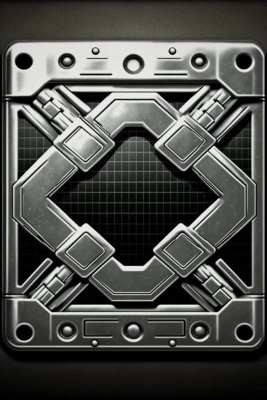 grungy metallic Flat coloured card design of a symmetric thick silver chain link icon cardback , cartoony clipart card design, Logo, glowing Gundam visor magic spell icon, little-flat Graphic Design , grey metal grid background