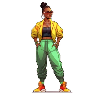cartoon illustration of a cute black woman, space buns, wearing nike air jordan shoes, wearing a green, yellow and red fly 90s outfit, large hoop earrings, sunglasses, clipart, white background