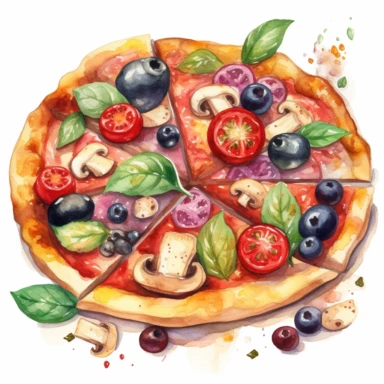 Create a watercolor clipart of a delicious pizza, with toppings like mushrooms, peppers, and olives. Use pastel colors and make sure to capture the details of the crust and the toppings, white background