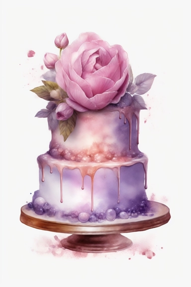 amazing detailed watercolor clipart of a beautifully detailed lilac and baby pink colored birthday cake, no caption, solid white background, cinematic light lighting, hyper-detailed, 8k, high resolution, symmetrical, full shot photograph, insanely detailed and intricate, beautiful, elegant, glamour, watercolor, cinematic