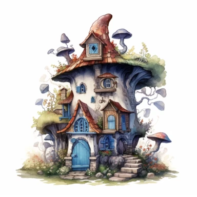 a detailed watercolor fairy house clipart, where delicate lines and vibrant hues create a charming dwelling for magical creatures to call home, 8k, fantasy style, white background