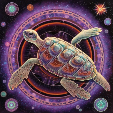A oil painting of a turtle clipart with a surreal and fantastical design, floating in a starry sky with planets and comets. The turtle has a large body, a long neck, four wings, and a spiral tail. Its shell is covered with intricate patterns and symbols in glowing colors. The background is a dark purple sky, creating a contrast with the turtle’s luminous appearance. The painting has a magical and mysterious style, with an imaginative use of elements and colors. The perspective is from below, cre