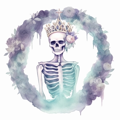 pastel female skeleton with a flower crown and a dress in a circle, half body, cute but spooky Halloween, shades of pastel purple and aqua, glamorous, watercolor, white background with margins, clipart style — uplight