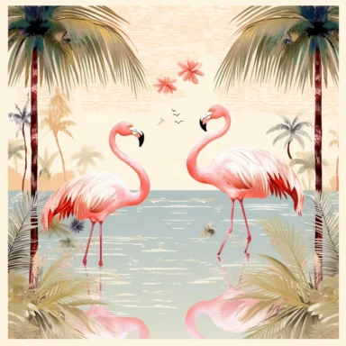 Flamingo and palm trees, clipart, Maggie Holmes style, multi color with metallic gold overlays, Pixar style, vintage ivory background — tile