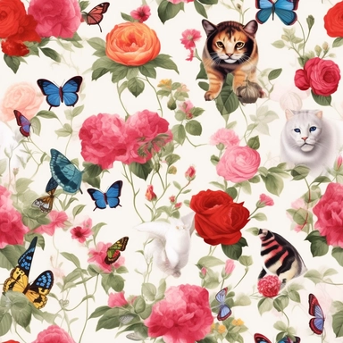 a clipart painting of cats, roses, grass, butterflies, with an enamel-inspired design featuring a mix of subtle realism and whimsical animal motifs in a faux-naïf style, for a playful yet sophisticated look, white background,