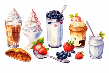 Watercolor, Cream, Dairy products, clipart, hd, on a white background, spaced out