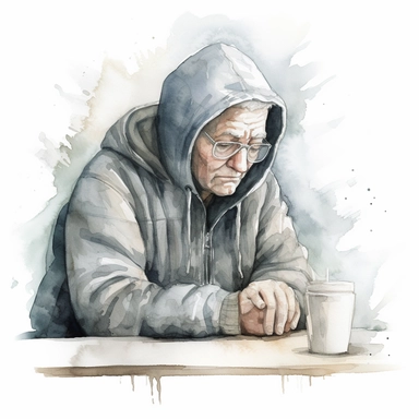 man wearing a grey hoodie looking at his old hands, sitting down at a old, worn kitchen table watercolor, and ink drawing, clipart, happy, gentle smile, beautiful watercolor ink wash coloring, thick pencil lines, Jon klassen, Adrian tomine, popular on etsy, watercolor illustrations clipart, watercolor illlustrations for kids, pure white background