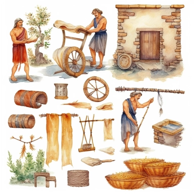 Watercolor well roman people weaving cloth , illustrations clipart set, simple, , cartoon elements, different variants , , marble elements, separate elements with a margin