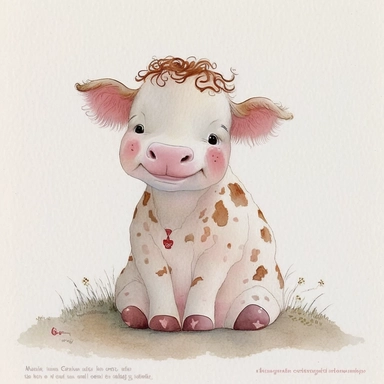 Cute - french style sitting baby cow smiling clipart, pink red hairclip in her hair, 1960, in the style of realistic watercolors, childlike innocence and charm, adorable eyes, rosy cheeks, shy posture, feminine sensibilities, realistic drawing in storybook illustration, pencil drawing by Angela Barrett, Elsa Beskow 300 DPI, valentines day themed, white background