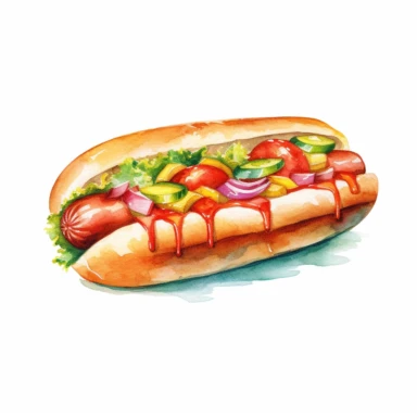 a watercolor clipart of a hotdog, white background