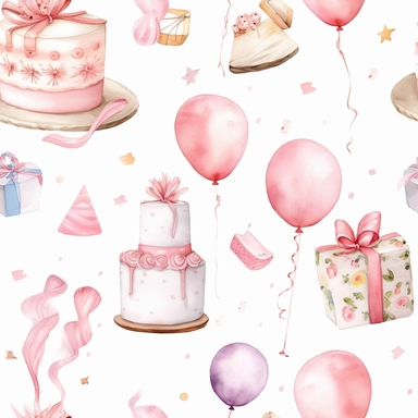 A cute collection on white with margins of birthday icon birthday cake, balloons, hearts, flowers, presents, watercolor, vector, clipart, elaborate, ultra - detailed, soft colors, rose gold and pink high definition, UHD
