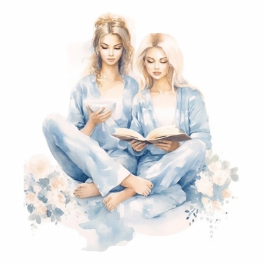 A delicate watercolor painting of chic powder blue, white, and gold three combo girl in floral pajamas sitting cross-legged and reading a book, arranged in an elegant composition, featuring soft and blended watercolor washes to create a harmonious and feminine aesthetic, clipart, clean png