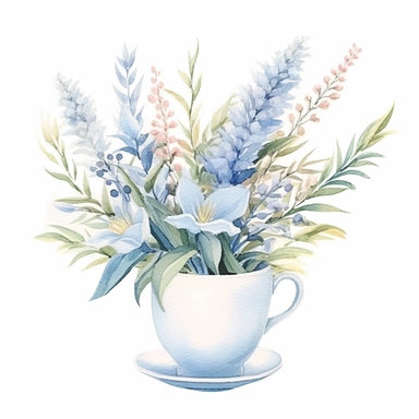 {pastel blue, light blue, soft blue, pale blue} Foxtail bouquet in tea-cup, wet on dry watercolour style, clipart, white background