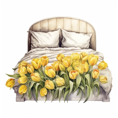 watercolor, white background, clipart, watercolor, white background, ultra-realistic and hyper-detailed clipart beautiful bed surrounded by yellow tulips