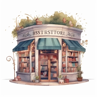 Bookstore,cute bookstor,muted colors,clipart on a white background, an illustration of by Annabel Kidston, shutterstock contest winner, generative art, detailed painting, digital illustration,photoillustration isolated on white background, digital watercolor,dark outline,high quality,8k