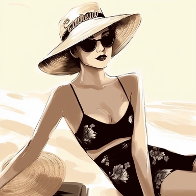 portrait view, full view, clipart illustration, beautiful lady sunbathing on beach, exact image, sharp focus, high detail, (--iw 5)