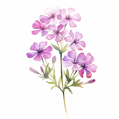 watercolor phlox flowers and leaves clipart,tiny, long branches,hd, on white background, space out