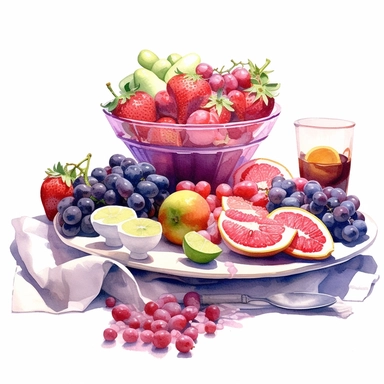 watercolor, hyper realistic, white background, white margins, 16k, ultra detailed clipart, cut out image, hand-drawn a kitchen countertop with a pink and purple tablecloth, adorned with a bowl of fresh fruits and vegetables in the style of carolyn blish, soft watercolours, website, translucent color, aleksandr deyneka, luminous glazes, charming illustrations