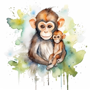 watercolor clipart, father monkey and baby monkey on tree, love, cute, sublimations, white background
