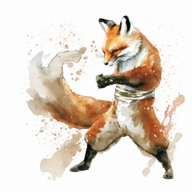 Karate Fox watercolor clip art illustration, white background