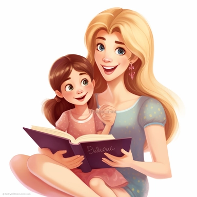 mom reading book , stylized , clipart , cute , child sat beside , happy mom , cute girl , reading book , , white background, bright engaging children's illustration, digital painting, big eyes, beautiful shading, beautiful colors, amazon kdp, happy, interesting, white background , clipart