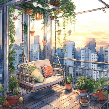 watercolor, hyper realistic, white background, white margins, 16k, ultra detailed clipart, cut out image, hand-drawn, whimsical manhwa style, ultra HD, sharp and clean art cozy balcony with a hanging swing chair, decorated with fairy lights and green plants, overlooking a city skyline in the evening