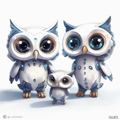 three owls, Kawaii owl, wallpaper owl, gods art, aion, jewelry, A team of 6 supportive, curious, nerdy computer cats and robots, clipart by Sarah Anderson, pure white background