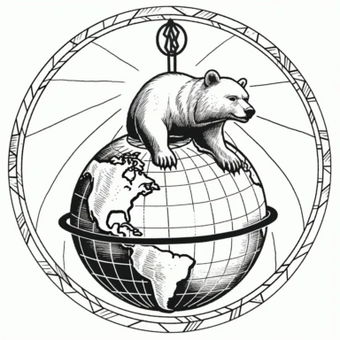 logo clipart of bear hanging on top of the globe lines, in the style of surrealist humor, exploratory line work, black and white, flickr, political illustration, hand-coloring, low resolution, associated press photo