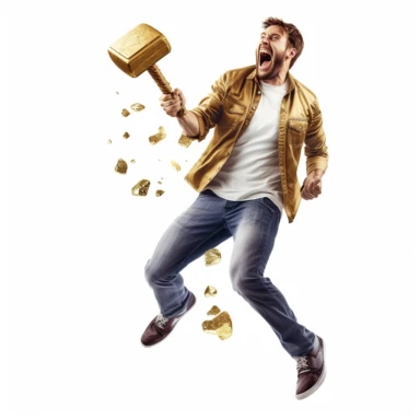 golden magic hammer, happy man laughing hysterically, unreal engine clipart, white background