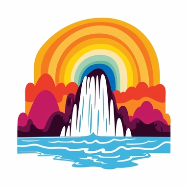 very simple yet funky clipart comic image of a 60s style waterfall with rainbow water a white background
