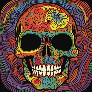 reate a clipart-style illustration of a skull with a Grateful Dead-inspired design, where colorful images are placed only on the skull itself, resembling tattoos. The skull should have an expression that appears to be laughing or joyful, adding a playful element to the artwork. Begin by sketching the outline of a skull, focusing on capturing its distinct features such as the eye sockets, nasal cavity, and jawline. Keep the lines clean and simple, adhering to the clipart style. Within the confine