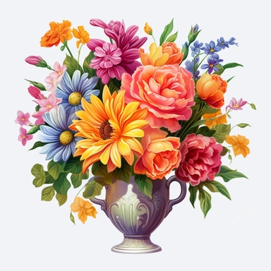 Colorful bouquet of flowers, vibrant, floral arrangement, blooming, garden, summer, clipart, white background, high quality, realistic--ar 1:1