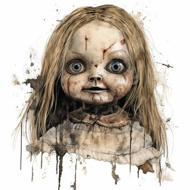 a scary face of a possessed antique doll with long hair and cracks and an open mouth, watercolor, ultra high-detail, dark outlines, clipart