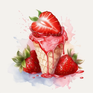 Indulge in the mouthwatering delight of a watercolor illustration capturing the essence of a luscious strawberry ice cream. This delightful clipart brings together the whimsy of a cartoon style with hyper-realistic details, creating a truly tempting treat for the eyes. Every brushstroke showcases intricate details, from the glistening texture of the ice cream to the vibrant red hues of the ripe strawberries. Isolated on a pristine white background, this high-quality artwork is perfect for variou