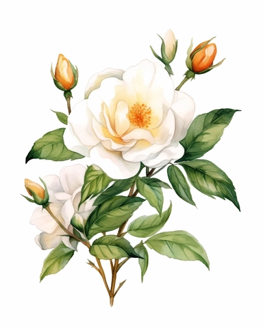 watercolor sketch of Tea Rose with white flower composition, clipart, clean and simple design, realistic color scheme, high-contrast image, white background,