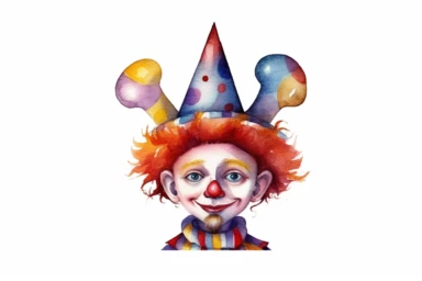 Watercolor, Craft a cartoon person with a jester hat and a funny expression, symbolizing a clown clipart, hd, on a white background, spaced out
