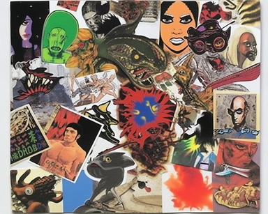 collage, graphics, magazine cutouts, comic book covers gallery, interesting artifacts, jewelry, ephemera, black liquid ooze, chrome metal frame, assorted photos, scrap book, photo album, evil comic, car stunt gone wrong, broken glass, shattered glass, newspaper clipping, trading card, knife, skyline on fire, scanned paper, scorpion, charcoal sketch of a scorpion, burglar, housefire, cosmic radiation, assorted varitey, mugshot, action figure, pin button, embroidered patch, artifacts
