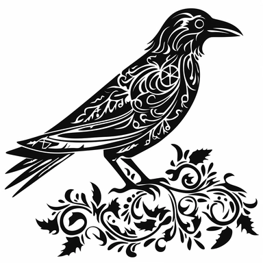 a raven silhouette made out of celtic symbols black and white clipart on white background