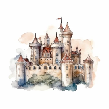 one castle Watercolor clipart on a white background, in the style of realistic and hyper-detailed renderings, muralist, distressed materials, uhd image, ps1 graphics, detailed character design, large scale murals, no watermark, text, 300 DPI , typography, shapes do not stick together, no text in the picture, on a white background